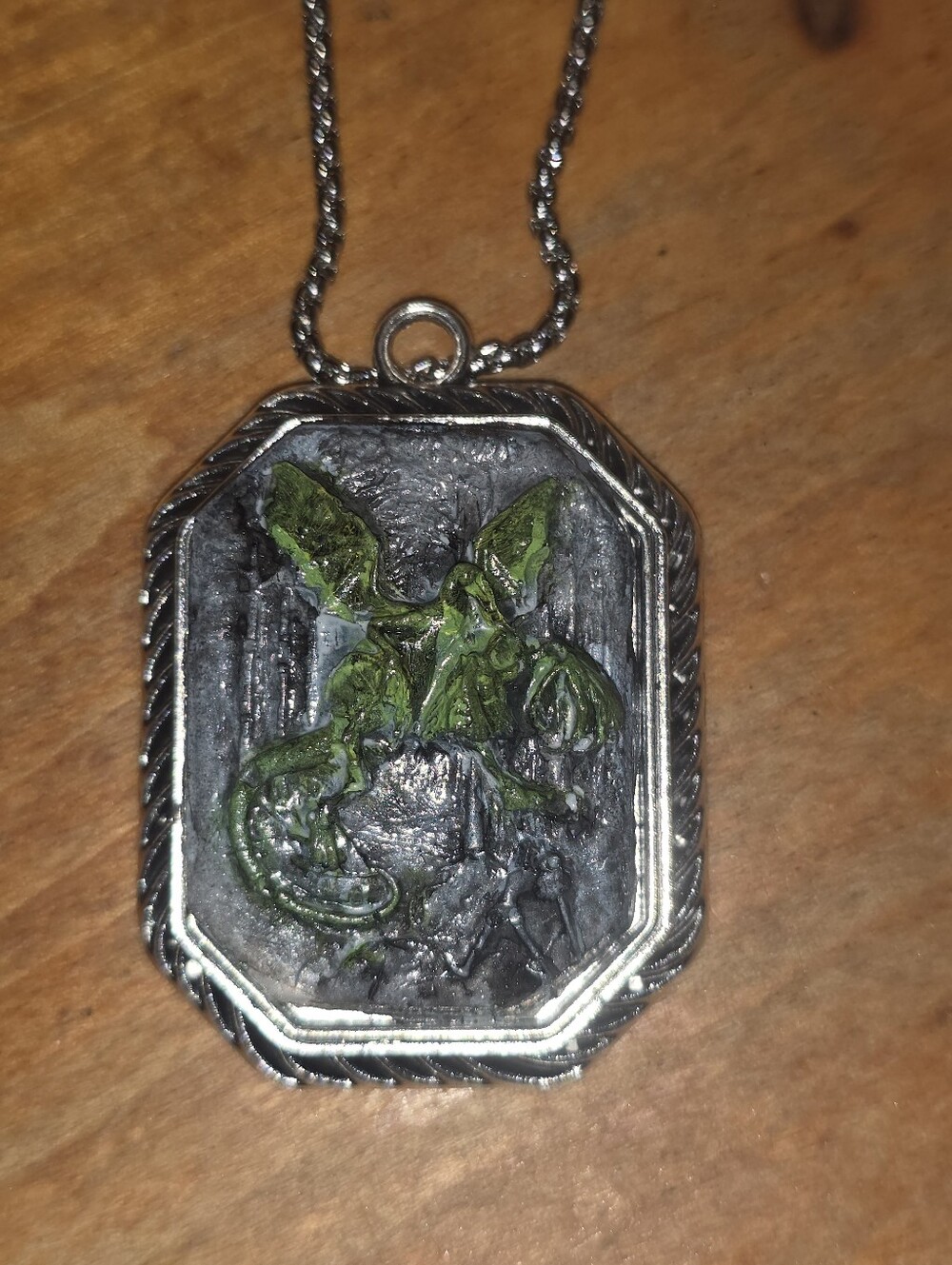 Distressed Dragon Pendant Handpainted! In Octogon Frame? Stainless Steel Chain